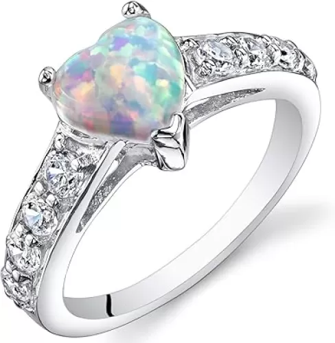 PEORA Created White Fire Opal Sweetheart Ring for Women 925 Sterling Silver, 1 Carat Heart Shape 7mm, Comfort Fit, Sizes 5 to 9