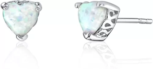Peora Created White Opal Stud Earrings 925 Sterling Silver, Solitaire Heart Shape, 6mm, 1.50 Carats total, Scroll Design, Friction Backs, October Birthstone Earrings, Dainty, Iridescent Earrings