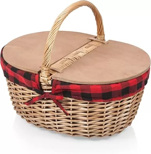 PICNIC TIME - Country Vintage Picnic Basket with Lid - Wicker Picnic Basket for 2, (Red & Black Buffalo Plaid Pattern)