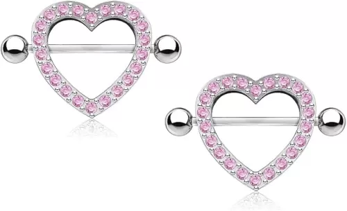 Pierced Owl - 14GA Stainless Steel Gem Paved Heart Nipple Shields, Sold as a Pair