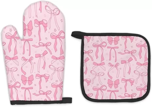 Pink Bow Coquette Decor Oven Mitts and Pot Holders Sets, PinkCoquette Preppy Kitchen Accessories Sets, Pink Ribbon Bow Preppy Heat Resistant Oven Glove Potholders for Kitchen Cooking Baking