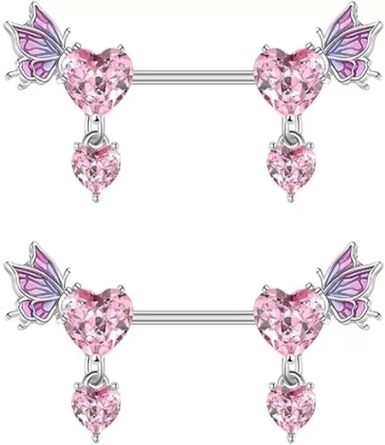 Pink Heart Nipple Rings for Women 14G 16mm Surgical Steel CZ Rhinestone Butterfly Dangling Nipple Shield Studs Body Piercing Jewelry Gifts
