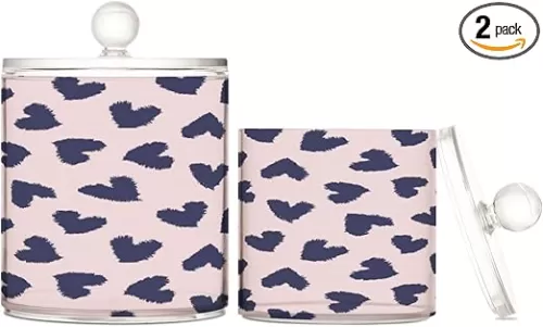 Pink Navy Heart Shaped Qtip Holder Dispenser with Lid, 2 Pack Cotton Swabs Cans Plastic Jars Bathroom Canisters for Cotton Swab Cotton Ball Floss Makeup Sponges