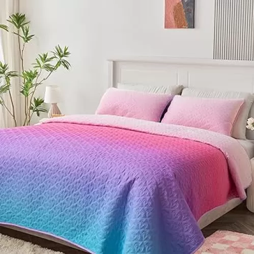 Pink Quilt Queen Size for Girls Cute Bedding Set Bedspreads Queen Size Heart-Shaped Quilted Bedspread Coverlet 3 Pieces Queen Quilt Sets with Shams, Pink Purple Gradient