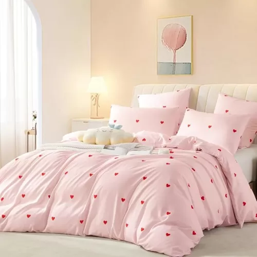 Pink Striped Duvet Cover Queen Red Love Heart Duvet Cover Set for Girls Kids 3Pcs Cute Heart-Shaped Pattern Comforter Cover Girly Pinstripe Bedding Set with Zipper Closure Soft Breathable