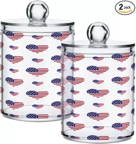 Qilmy American Flag Heart Shape Qtip Holder 2 Pack, 14 oz Apothecary Jars Bathroom Vanity Organizer Canister for Qtips, Cotton Swabs, Cotton Balls, Cosmetic Pads, Flossers, Bath Salts
