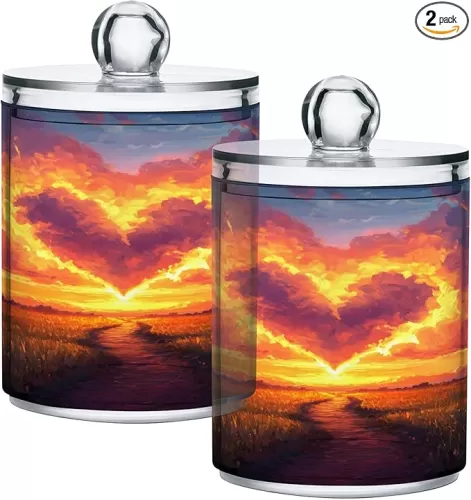 Qilmy Heart Shaped Sunset Qtip Holder Dispenser with Lid 14 oz, Apothecary Jars Plastic Cotton Swabs Cans Clear Bathroom Storage Canister for Cotton Ball, Cotton Swab, Cotton Round Pads, Floss