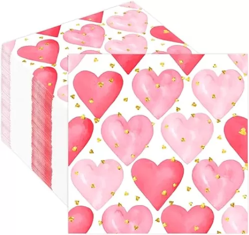 Quera 50 Pack Valentine's Day Paper Napkins Love Heart Beverage Napkins Disposable Dessert Napkin for Spring Wedding Dinner Supplies Tableware Decor (6.5'' x 6.5'')