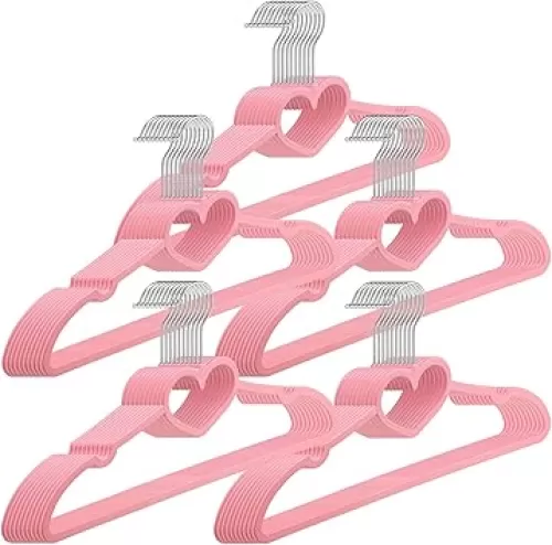 Qunclay 50 Pieces Cute Heart Hangers with 360 Degree Swivel Hook Heavy Duty Clothes Coat Hanger for Adult Jackets, Pants, Shirts, Suit, Dress Room Closet Space Saving(Pink, Plastic)
