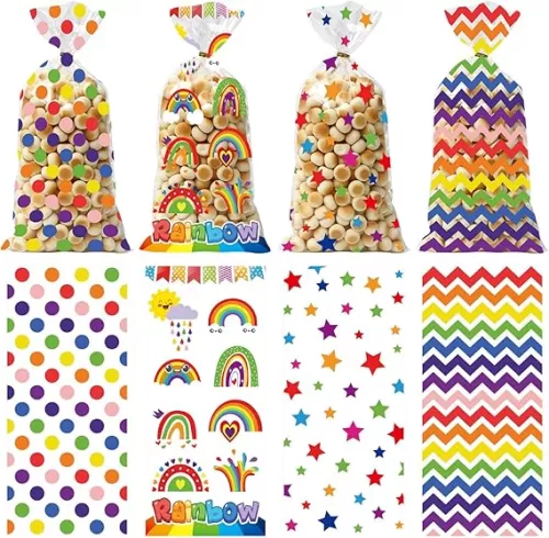 Rainbow Gift Bags Colorful Clear Treat Bag with Twist Ties Colorful Star Heart Sun Pattern Cellophane Candy Bags for Valentine, Birthday, Gift Cookie Snack Packing Party Favor Supplies-50pcs (Rainbow Bag)