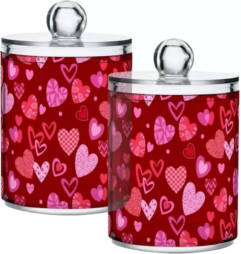 Red Heart Shape Qtip Holder Dispenser Valentin's Day Bathroom Canister Storage Organization 2 Pack Clear Plastic Apothecary Jars with Lids Vanity Makeup Organizer For Cotton Swab Ball Floss