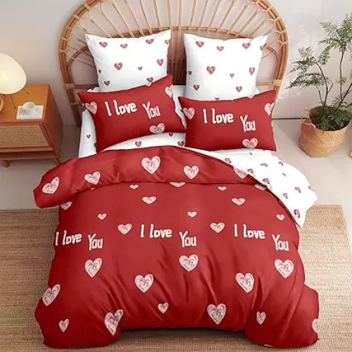 Red Love Heart Comforter Set Queen Romantic Love Bedding Set for Girls Kids Cute Heart Shaped Pattern Comforter 3Pcs Reversible Red White Bedding Comforter Set for All Season, Soft Lightweight