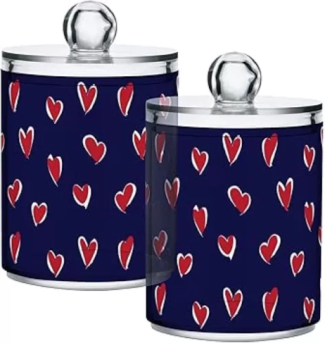 Red Navy Heart Shaped Qtip Holder Dispenser Valentine’s Day Bathroom Canister Storage Organization 2 Pack Clear Plastic Apothecary Jars with Lids Vanity Makeup Organizer For Cotton Swab Ball Floss