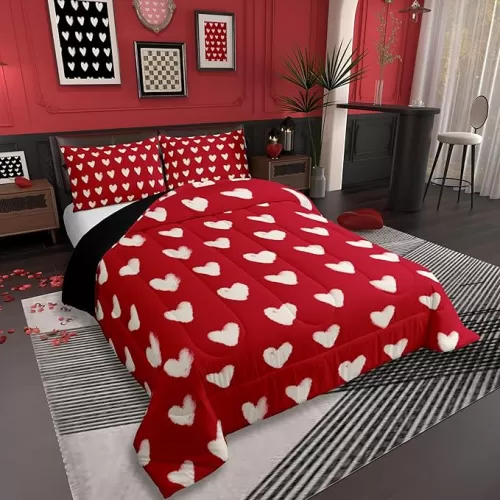 Red White Comforter Set Queen Size Cute Heart Pattern Bedding For Kids Boys Girls Valentine Day Gift Quilt Cartoon Love Geometric Duvet Insert Love Heart Soft Warm Bedding Sets Bedroom Decor 3Pcs
