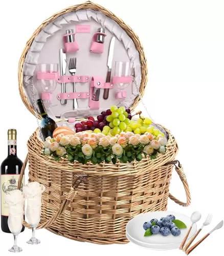 Romantic Heart Picnic Basket for 2 | Sturdy Wicker Willow with Full Accessories | Perfect Pink Picnic Basket Set for Engagement, Wedding, Anniversary, or Birthday