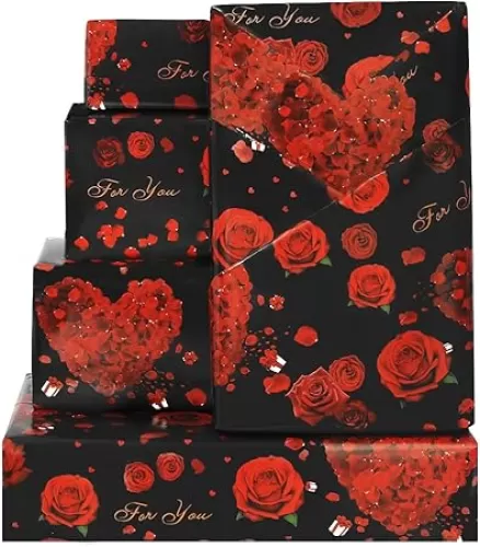 Rose Wedding Wrapping Paper, Black and Red Heart Rose Floral Gift Wrap Paper 4 Folded Sheets for Bridal Shower Anniversary Valentine's Day Birthday Women Mother's Day Lover's Gift Wraps, 20*29inches