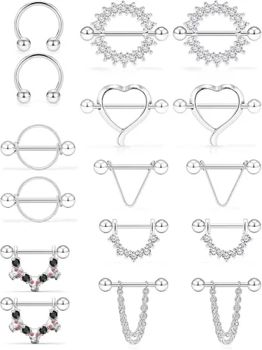SCERRING 14G Nipple Rings Stainless Steel Nipplerings CZ Heart Tongue Shield Barbell Rings Retainer Body Piercing Jewelry for Women 9/16Inch 8 Pairs