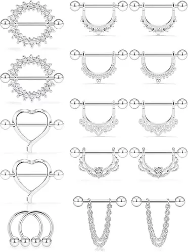 SCERRING 14G Nipple Rings Stainless Steel Nipplerings Tongue Barbell Ring Bars Retainer Body Piercing Jewelry for Women Men Heart CZ 4-8 Pairs