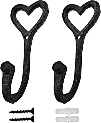 SELPONT ative Wall Hooks Coat Towel Hook, 2 Pcs Key Bag Hanger Coat Hooks Cast Iron Vintage Holder Love Heart Shape Home Decor, Bath Kitchen Garage Hanging Scarf Cap Cup Hat Purse Robes Hook