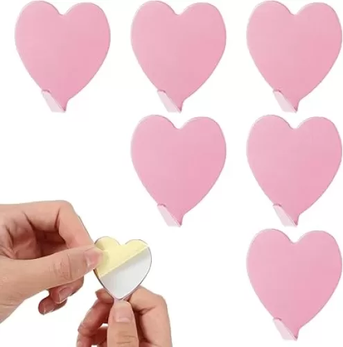 Sibba 6 Pack Stainless Steel Heart Shaped Decorative Wall Hooks - No Drilling, Strong Adhesive, Holds Keys, Hats, Towels - Pink