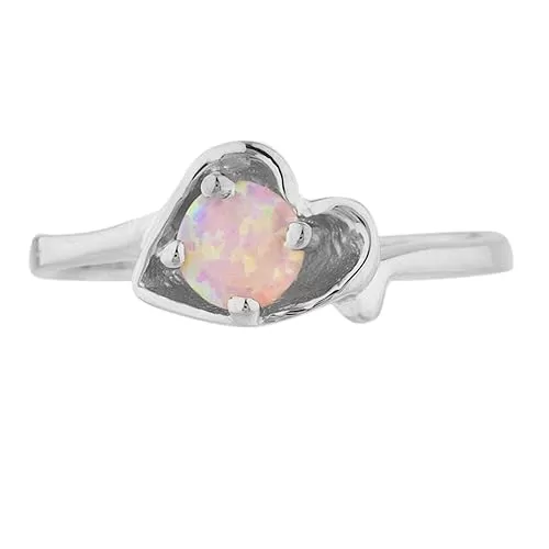 Simulated Pink Opal Round Heart Shape Ring .925 Sterling Silver