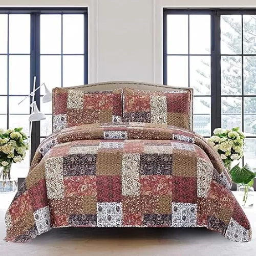 SLPR Red Riches 2-Piece Quilt Set - Twin Size with 1 Sham, Autumn Patchwork Design, Red Toned Lightweight Quilted Bedspread, Fall-Inspired Country Bedding