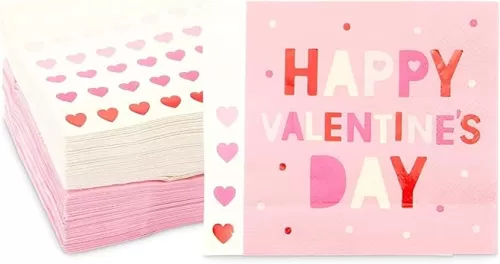 Sparkle and Bash 100 Pack Heart & Pink Valentine's Day Paper Napkins, 5x5 Inch Folded, Decorative Cocktail Party Supplies for Home, School, Office Events