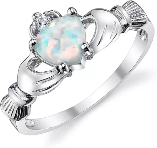 Sterling Silver 925 Irish Claddagh Friendship & Love Ring with Simulated Opal Heart