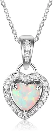 Sterling Silver Heart Shape Created Opal Pendant Necklace (6mm Opal Halo Heart)