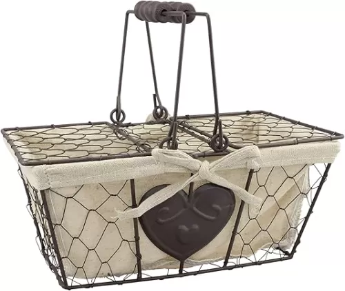Stonebriar Farmhouse Metal Chicken Wire Picnic Basket with Hinged Lids, Handles, and Heart Detail