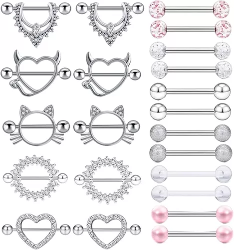 TIANCI FBYJS 11 Pairs Stainless Steel 14G Nipple Rings Nipplerings CZ Heart Tongue Shield Barbell Rings Retainer Body Piercing Jewelry for Women 9/16Inch