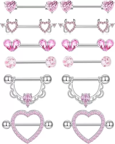 TIANCI FBYJS 6 Pairs Nipple Rings Stainless Steel Heart Butterfly Moon Flower CZ Stud Barbell Tongue Rings Set Cute Nipplerings Piercing Jewelry for Women Pink Tone