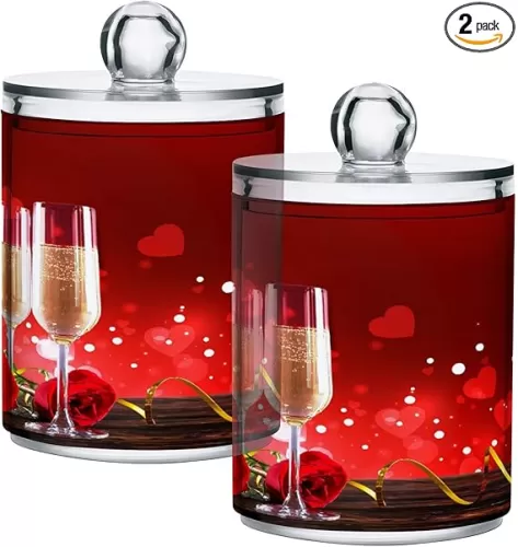 Two Champagne Glasses 2 Pcs Qtip Holder Red Heart Shaped Organizer Dispenser Storage Canister Plastic Apothecary Jars Bathroom Vanity for Cotton Swab Ball Pads Floss