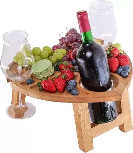 Unique Engagement Gift Idea for Couples – Wooden Heart-Shaped Portable Picnic Table, Foldable Charcuterie Board, 2 Wine Glasses & Bottle Holder | Oak Wood – Folding Table Tray & Camping Essentials