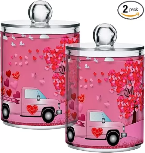 Valentine Day A Heart Shaped 2 Pcs Qtip Holder Lovers Ride Bicycle Organizer Dispenser Storage Canister Plastic Apothecary Jars Bathroom Vanity for Cotton Swab Ball Pads Floss