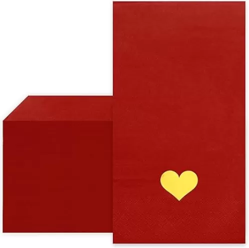 Valentine's Day Paper Guest Napkin Gold Foil Heart 3 Ply Disposable Napkin Red Dinner Hand Napkin Towel For Party Supplies Table Decor, 50Pcs