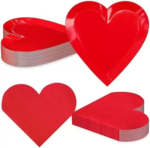 Valentine's Day Party Decorations, Disposable 9" Paper Plates and 3 Ply Napkins Heart Shaped Love for Wedding Engagement Valentine's Day, Bridal Shower, Mother's Day, Birthday Party, 50 Count / Red
