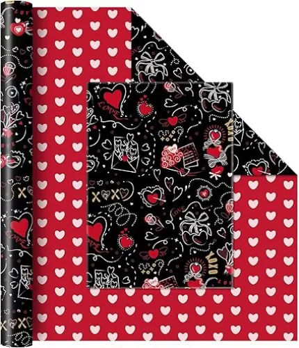 WERNNSAI Valentine Wrapping Paper Roll - 1 Roll 17’’ x 33ft Valentines Day Wrapping Paper Black Red Heart Wrapping Paper Valentine Gifts Wrap for Men Women XOXO Design with Cutting Line
