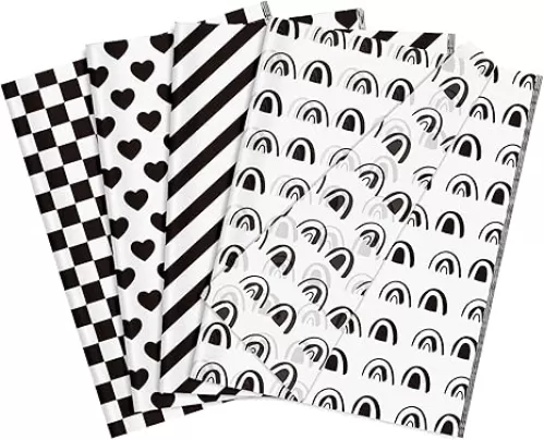 Whaline 100 Sheet Black White Boho Tissue Paper 4 Design Plaids Checkerboard Heart Diagonal Stripe Rainbow Pattern Wrapping Tissue Paper for Halloween Birthday Holiday DIY Art Crafts Gift Packing