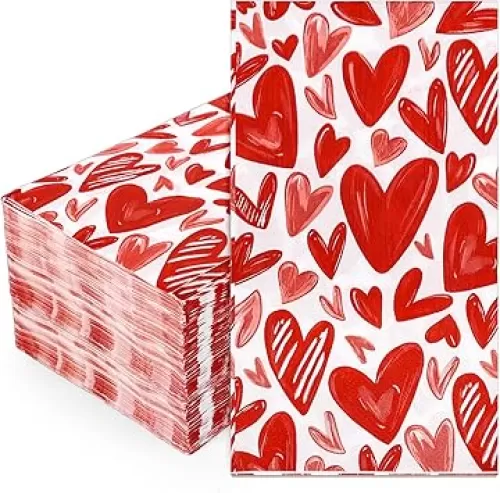 Whaline 100Pcs Valentine Heart Guest Napkins Red Love Heart Disposable Napkins Watercolor Dinner Hand Towel Paper Napkins For Bathroom Wedding Anniversary Party Table Supplies
