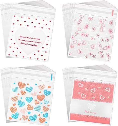 Whaline 400 Pieces Valentine Cellophane Bags Love Heart Printed Cookie Treat Bag Red Pink Heart Self-Adhesive Candy Packing Clear Plastic Gifts Goodies Party Favor, 4 Style