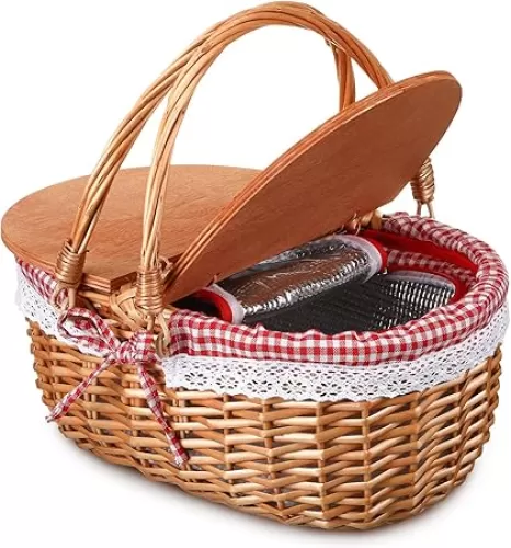 Wicker Insulated Picnic Basket with Lid Wicker Picnic Basket with Folding Handles and Insulated Cooler Bag for Camping Outdoor Easter Valentine Birthday Gift(Red Plaid, Cooler)