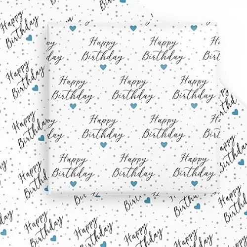 WRAPAHOLIC Birthday Wrapping Paper - 6 Sheets Happy Birthday with Blue Heart Design, Folded Flat for Parties & Holidays - 19.7 x 27.5 Inch
