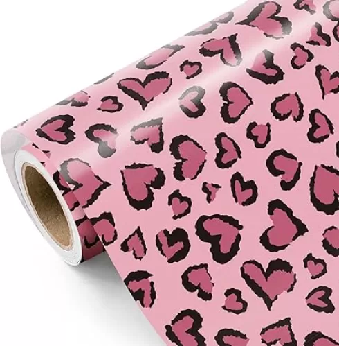 WRAPAHOLIC Leopard Wrapping Paper - Mini Roll - 17 Inch x 16.5 Feet - Pink Heart Wrapping Paper Perfect for Girls Birthday, Valentine's Day, Baby Shower, Wedding