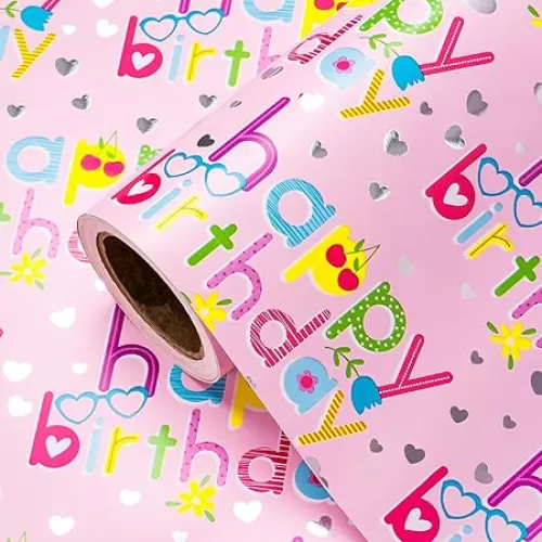 WRAPAHOLIC Pink Girls Birthday Wrapping Paper - Mini Roll - 17 Inch x 16.5 Feet - Colorful Happy Birthday Lettering With Silver Foil Hearts Design for Kids, Holiday, Party, Baby Shower
