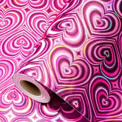Yarcony Pink Wrapping Paper, Mini Roll, Holographic Hearts Wrapping Paper, Valentine