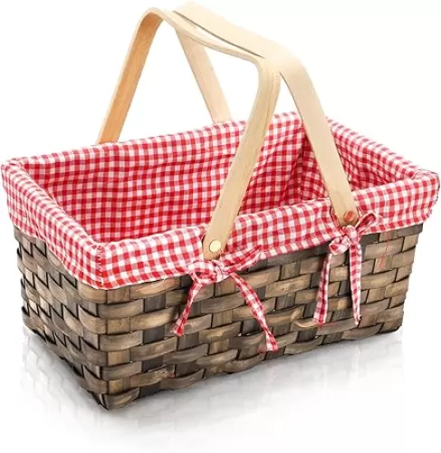 Yesland Small Picnic Basket, Woven Basket with Double Folding Handles, Wicker Basket & Organizer Blanket Storage with Red and White Liner for Egg Gathering, Wedding, Candy (13.5 x 8.25 x 6.5 Inches)