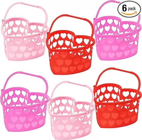 Zcaukya 6 Packs Valentines' Day Baskets, 7.1" x 7.9" x 4.3" Small Plastic Heart Shaped Basket with Handles, Heart Hollowed Baskets Holders for Romantic Party Wedding Part Decor